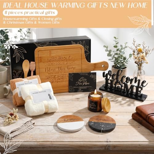 Housewarming Gifts Baskets - Serving Board Towels Bamboo Spoon Honey Stirrer Coaster Candle Set for First Apartment New Home Buyers Closing Gift Homeowner Housewarming Gift (Elegant,Black) - Image 3