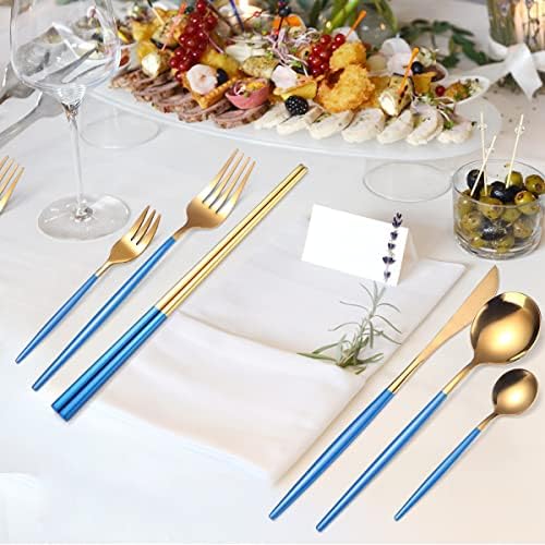 AARAINBOW 8 Pieces Stainless Steel Flatware Set Portable Reusable Cutlery Set Travel Utensils Set Including Chopsticks Knife Fork Spoon Straws Cleaning Brush Dishwasher Safe (Blue Golden) - Image 5