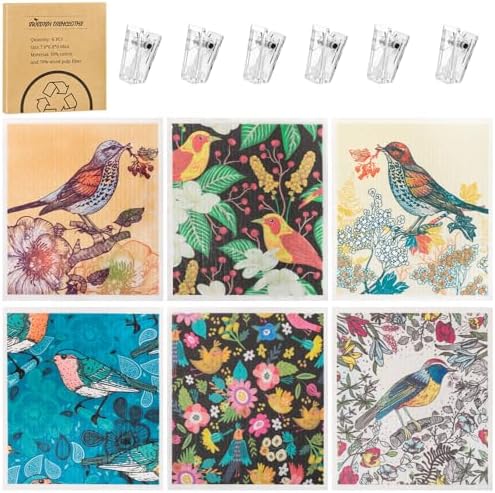 6 Pack Swedish Dishcloths for Kitchen, Absorbent Retro Bird Dish Cloths by Needbrock