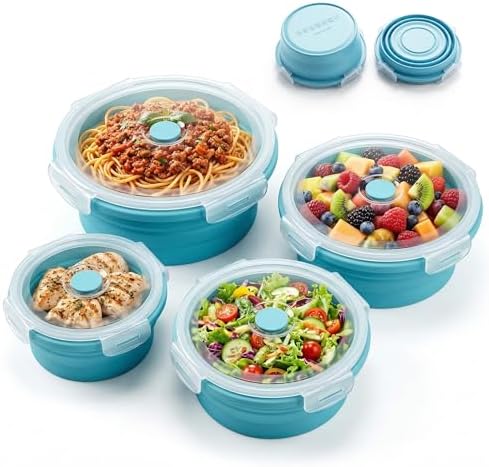 Collapsible Silicone Food Storage Containers with Lids, Set of 4 Sizes (12/17/27/40oz), Leakproof Collapsible Lunch Box, Microwave Freezer Dishwasher Safe, Space Saving for Camping RV Travel by YubngInc