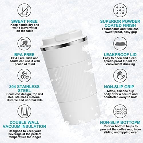 YINJOYI 12oz Travel Coffee Cups Insulated Tumbler Thermal Mug to Go with Lid Leak Proof Reusable Stainless Steel Coffee Mug Spill Proof for Hot and Iced Cold Drinks (White, 380ml) - Image 2