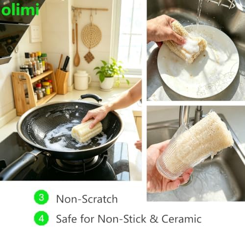 OLIMI Natural Luffa Scrubber for Dishes (4-Pack), 100% Loofah Sponge for Kitchen Cleaning, Non-Scratch Scrub Pads for Pots Pans Glass, 12cm/4.7 inch Each, Eco-Friendly Dishwashing Tools - Image 3