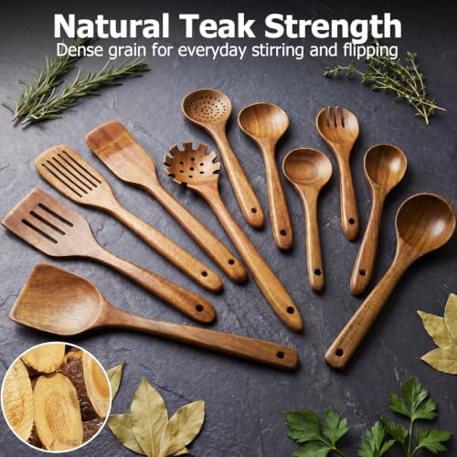 Wooden Spoons for Cooking, 11-Piece Acacia Wood Kitchen Utensil Set, Nonstick Safe Wooden Spatulas and Spoons, Heat Resistant Cooking Utensils for Everyday Meals (A11) - Image 2