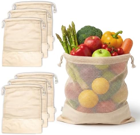 LEAFICO Reusable Produce Bags – 100% Cotton Mesh & Solid Hybrid (Small 8x10 inch 6 Pcs) – Cloth Grocery Bags for Garlic, Nuts, Onions, Bulk Snacks – Washable, Plastic-Free, Breathable, Zero Waste by Leafico
