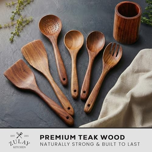 Zulay Kitchen 7-Piece Wooden Cooking Spoons Set – Heat-Resistant, Smooth Teak Utensils with Comfort Grip – Lightweight & Durable – Easy to Clean, Perfect for Non-Stick Cookware - Image 2