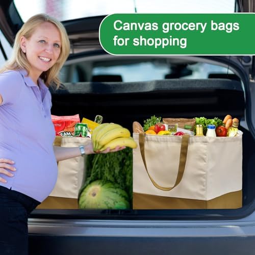 3 Pack Canvas Reusable Grocery Bags Heavy Duty, 8.3 gal Foldable Large Tote Bag with Handles, Holds 60 lbs Canvas Shopping Bags & Washable Eco-friendly Bags with 5 Pockets, camel+Off white - Image 2