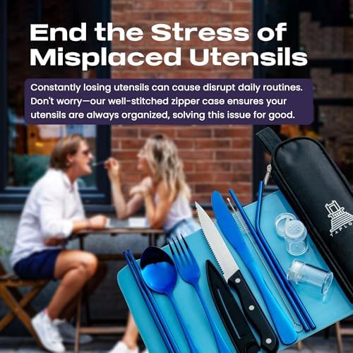 Taplord Portable Travel Silverware Set With Case, Includes 10 Pcs of Travel Utensils With Case, Stainless Steel Flatware Set For Camping, Lightweight (Blue) - Image 5