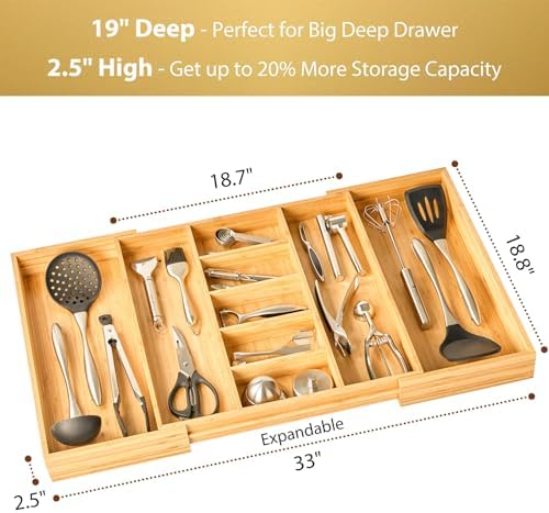 Umilife Extra Large Expandable Kitchen Drawer Organizer for Utensil and Junk, 19" Deep for Big Drawer, 19" to 33" Adjustable Bamboo Wood Drawer Divider, Cutlery Tray, Flatware Holder - Image 2
