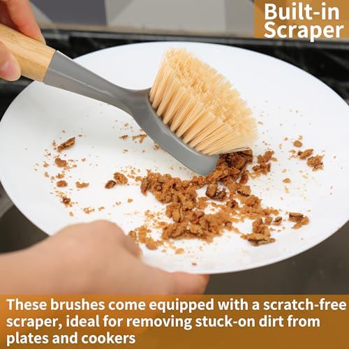 2 Pack Kitchen Dish Brush Bamboo Handle Dish Scrubber Built-in Scraper - Image 5