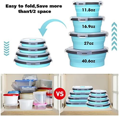 Mimorou 8 Pcs Collapsible Food Storage Containers Foldable Silicone Lunch Containers with Lids 4 Silicone Rectangle Collapsible Bowls and 4 Round Food Bowls Microwave Freezer Dishwasher Safe (Blue) - Image 5