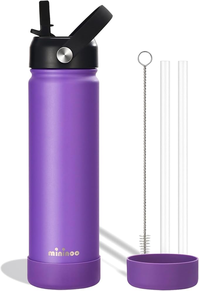 Insulated Stainless Steel Water Bottle with Straw, Ceramic-Lined, BPA-Free & Leak-Proof, 24 oz, Bright Violet