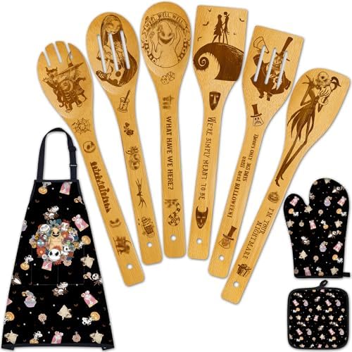 Night Christmas Gifts,Magic Pattern Wooden Cooking Spoons with Apron Oven Mitt Potholder-Halloween Kitchen Decor Cooking Utensils 9pcs,Night Gift for Fans,Women,Mother's Day,Housewarming by Tbwoet