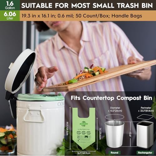 Compostable Trash Bags 1.2-1.6 Gallon Handle Tie 50 Count 0.6 Mil 6.06 Liter Small Compost Bags for Countertop Bin Biodegradable Bags Green for Kitchen ASTM D6400 & BPI Certified, OK Compost Home - Image 2