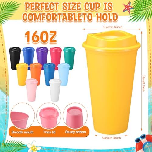 Honeydak 66 Pack 16 oz Reusable Coffee Cups with Lids Water Bottle Iced Coffee Travel Mug Portable Plastic Tea Tumblers Bulk for Hot and Cold Drinks Birthdays Party (Solid Color,Classic) - Image 3