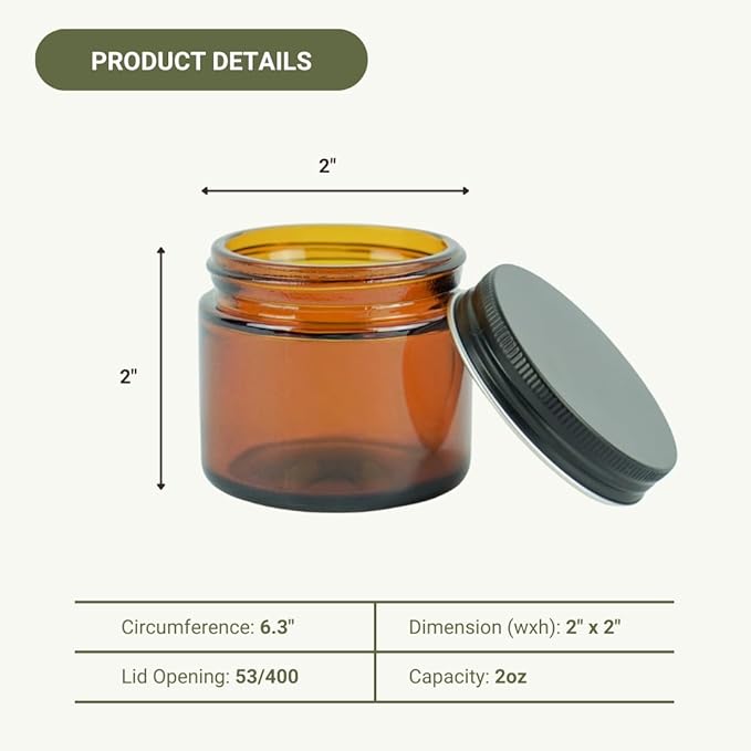 Glass Amber 2oz Jar - 12 Packs, Empty Round Jars For Beauty Products, Lotion, and Powders - Black Lid - Small Candle Jars