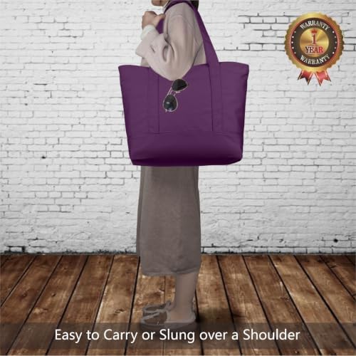 TOPDesign 6-Pack Canvas Tote Bags with an External Pocket, Reusable Grocery Shopping Bags, Top Zipper Closure, Daily Essentials (Purple) - Image 2