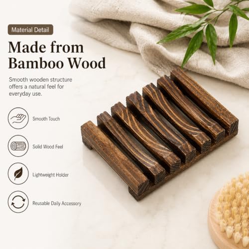 Bamboo Soap Dish for Bar Soap, Raised Wooden Holder with Drain Slots，Carbonized Pine Wood Soap Box - Image 7