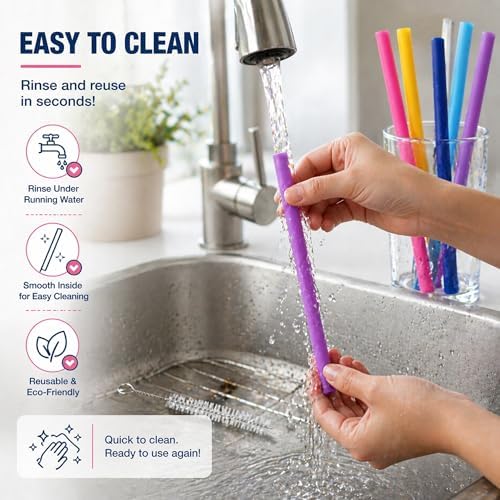 Wide Reusable Silicone Straws 10" Long Set of 5 | Free Cleaning Brush - Image 5