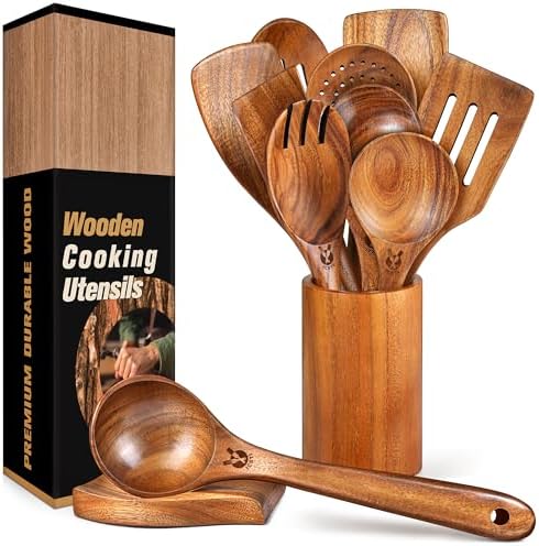 12Pcs Soft Grip Teak Wooden Utensil Set, Durable Spoons for Family Kitchen by Unknown
