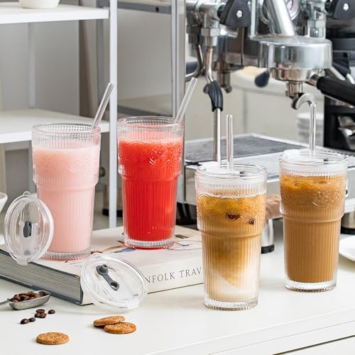 SoulTimes 20oz Ribbed & Floral Glass Tumbler with Lid and Straw – Iced Coffee Glasses Cups for Smoothie, Matcha, Juice, Water etc. Leakproof and Reusable Glassware Drinking for Travel To Go [4 Pcs] - Image 2
