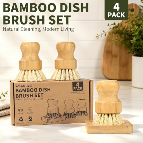 Bamboo Dish Brush Set - 3 Pcs Natural Scrub Brush with Holder, Wooden Dish Scrubber with Sisal Bristle for Cleaning Dishes, Pans and Vegetables - Image 2