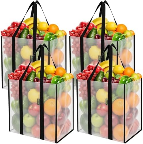 BALEINE 4 PK Grocery Bags Reusable Shopping Bags with Reinforced Bottom, Heavy Duty Foldable Tote Bags (Transparent) by BALEINE