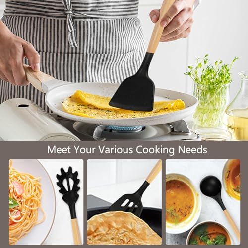 Cooking Utensils Set,19 Kitchen Set Utensils Set with 11 Pieces Spatula Cooking Utensils,Heat Resistant Silicone Utensils 6 Piece Sharp Knife Set 2 Pieces Utensil Cutting Board (Black 19 PCS Set) - Image 4