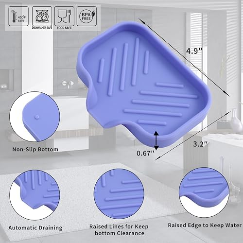 MicoYang Silicone Soap Dish with Drain Spout, Self-Draining Sink Organizer Tray for Bathroom & Kitchen, Sponges, Dispensers & Soap Holder, Non-Slip & Dishwasher Safe, Light Purple (Compact, 4.9"×3.2") - Image 2