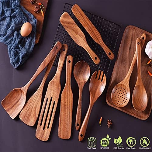 Wooden Spoons for Cooking,GUDAMAYE 10 PCS Wooden Kitchen Utensils Set,Wooden Cooking Utensils For Non-stick Pan,Teak Wood Utensils Set,Spurtles Kitchen Tools As Seen On Tv - Image 2