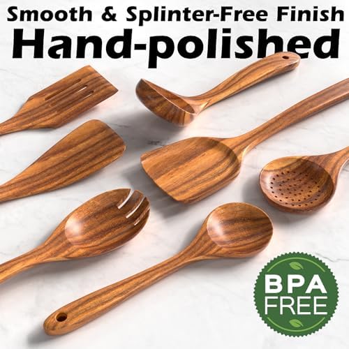 Wooden Spoons for Cooking, 10 Pcs Teak Wood Utensil Set for Nonstick - Image 4