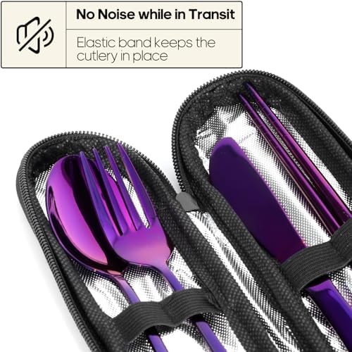 Travel Utensils with Case, Quatish Portable Silverware Set for Work, Stainless Steel Reusable Travel Cutlery Set, Fork and Spoon Set for Camping, EDC Gadgets, Lunch Box for Men, Purple - Image 3