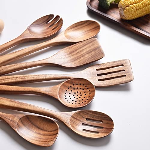 Gudamaye 13 inch Long Wooden Utensils for Cooking, Long Handle Wooden Spoons for Cooking, 7 PCES Crafting Wooden Spoon Set, Wooden Kitchen Utensil set, Natural Teak Wooden utensil Set - Image 5