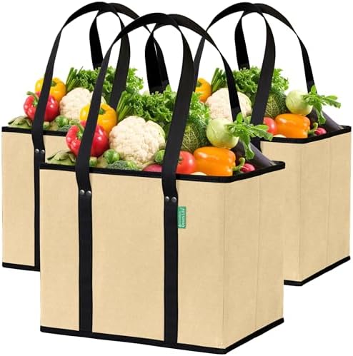 Reusable Grocery Bags (3 Pack) – Heavy Duty Reusable Shopping Bags, Beige by CreativeGreenLife