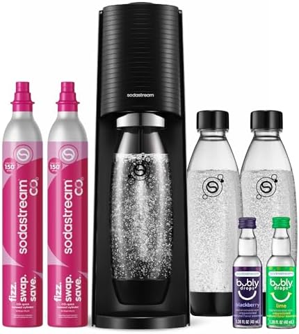 SodaStream TERRA Sparkling Water Maker, Value Bundle, CQC CO2 System, Includes 2 Quick Connect 60L CO2 Cylinders, 3 Dishwasher Safe BPA Free Bottles, 2 bubly Flavor Drops, Make your own Pepsi, Black by Unknown