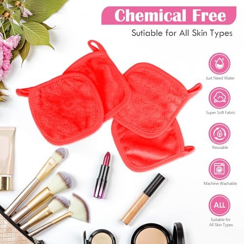 Orighty Makeup Remover Cloth, 12 Pack Makeup Removal Face Cleansing Cloth, Reusable Make Up Remover Pads Remove Instantly Dirt with Just Water, 5 x 5 in, Red - Image 3