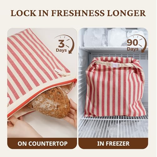 BRONYPRO Reusable Beeswax and Linen Bread Bags with Zipper, 2-Pack Waxed Bread Bags for Homemade Bread & Sourdough, Sustainable Loaf Storage to Lock in Freshness, Large 17x12.6in, Red Stripe - Image 5