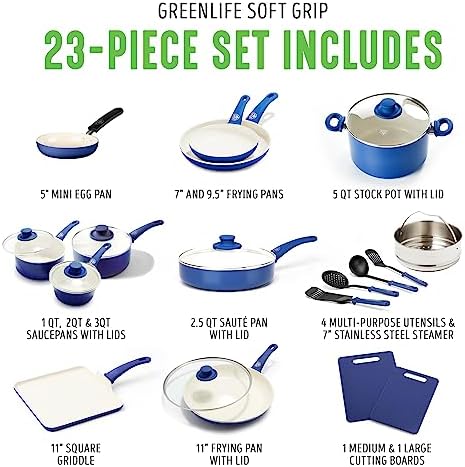 GreenLife Soft Grip 23 Piece Kitchen Cookware Pots and Frying Saucepans Set, Healthy Ceramic Nonstick PFAS and PFOA-Free, Dishwasher and Oven Safe, Even Heating, Easy Clean, Warp Control, Blue - Image 3