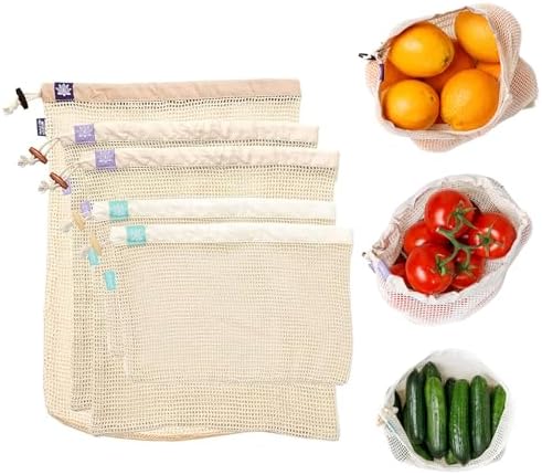 Lotus Reusable Produce Bags - Organic Cotton Washable Produce Mesh Bag for Vegetable Storage, Eco Friendly Reusable Produce Storage Fruit Bag Mesh for Groceries (3 Size Cloth Bags) by LotusSustainables
