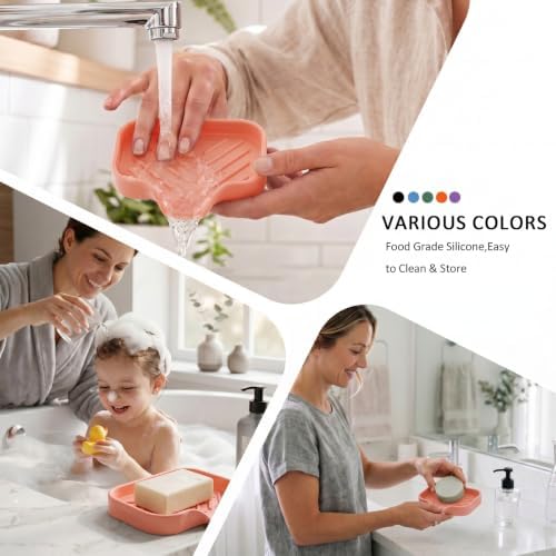 MicoYang Silicone Soap Dish with Drain Spout, Self-Draining Sink Organizer Tray for Bathroom and Kitchen, Sponges, Dispensers and Soap Holder, Non-Slip and Dishwasher Safe, Pink (Compact, 4.9"×3.2") - Image 4