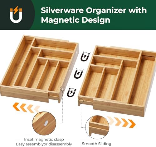Large Silverware Organizer, 13 Slots Magnetic Connected Expandable Bamboo Utensil Drawer Organizer From 21 to 37.4 Inches, Adjustable Flatware and Cutlery Holder, Utensil Tray for Kitchen Natural - Image 3