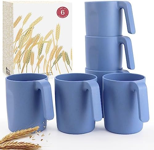 Wrova 16oz Wheat Straw Cups with handles set of 6-Plastic Cups Reusable-Unbreakable Kids Mugs-Dishwasher Safe & Microwave Safe-Ideal Plastic Mugs for Tea,Coffee,Camping,RV-Sky Blue by WROVA