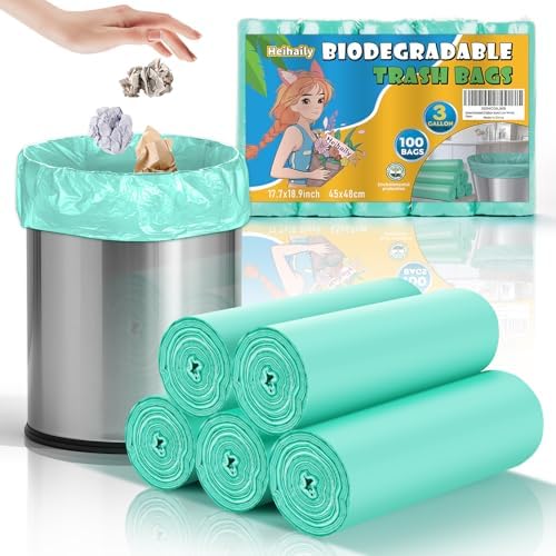 3 Gallon Trash Bag Bathroom Green-Unscented - Small Kitchen Mini Garbage Bags Biodegradable Compostable 100 Count Strong Can Bin Liners for Car Office Bulk Waste Basket Liner Heihaily by heihaily