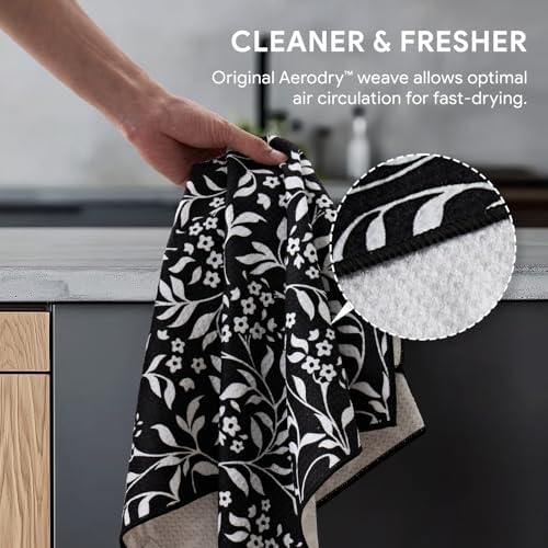 RECYCO Waffle Kitchen Towel Set of 2 - Quick Dry Microfiber Sustainable Dish Towels - Ultra Absorbent Reusable Cleaning Tea Towels - Lightweight Hand Towels,16”x 28”, Black & White Florals - Image 4