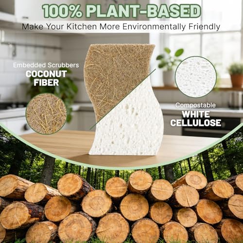 16 Pack Biodegradable Kitchen Dish Sponges, Natural Plant-Based Coconut Fiber and Compostable Cellulose Sponge, Non-Scratch Heavy Duty Sponges for Non-Stick Cookware, Kitchen Household Cleaning - Image 3