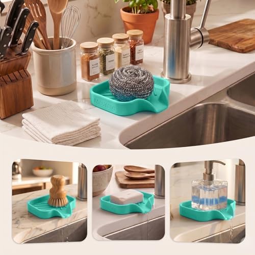 MicoYang Silicone Soap Dish with Drain Spout, Self-Draining Sink Organizer Tray for Bathroom and Kitchen, Sponges, Dispensers and Soap Holder, Non-Slip and Dishwasher Safe, Mint (Compact, 4.9"×3.2") - Image 3