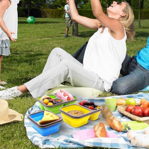 Set of 3 Collapsible Silicone Bento Lunch Boxes With Lids Spoon Fork, Divided Compartments Food Storage Containers, Safe in Microwave, Dishwasher and Freezer, BPA Free (Assorted 3PCS) - Image 3