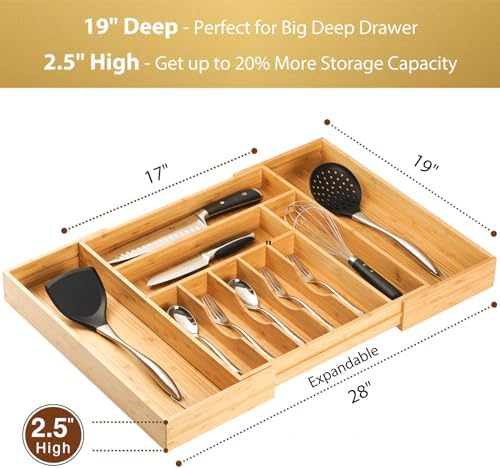 Umilife Extra Large Expandable Kitchen Siverware Utensils Drawer Organizer, 19" Deep for Big Drawer, Adjustable Bamboo Wood Drawer Divider with Curved Grooves, Cutlery Tray Flatware Holder - Image 2