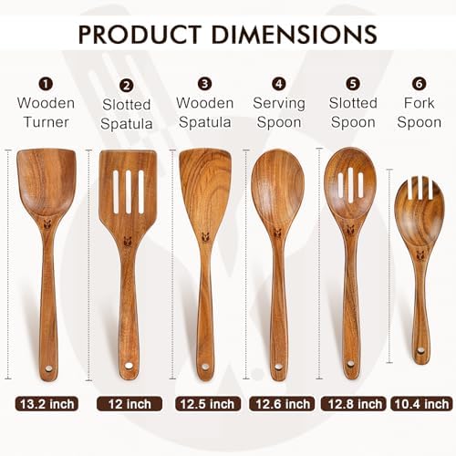 Wooden Spoons for Cooking, 6 Pcs Natural Teak Wooden Kitchen Utensils Set, Cooking Utensils Set with Long & Comfort Grip, Wooden Spoons Spatula Set Perfect for Non-Stick Cookware - Image 3