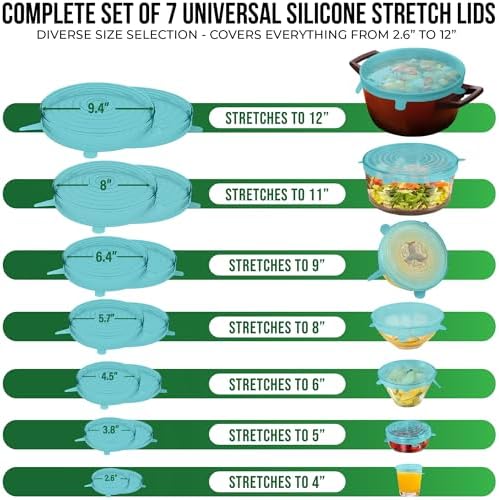 Reusable Silicone Stretch Lids for Food Storage in Fridge - Elastic Heat-Resistant Bowl Covers, Cups, Cans, Jars - Universal Food Grade Lid for Round and Rectangle Containers -7 Pack - Midnight Teal - Image 2