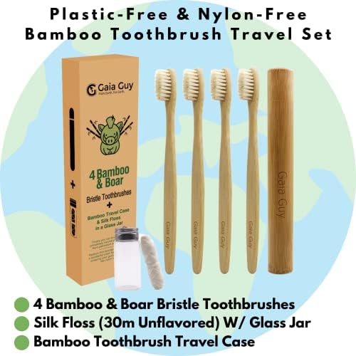 Gaia Guy Bamboo and Boar Bristle Toothbrush (4 Pack) + Travel Case & Silk Dental Floss | 100% Compostable Bristles and Floss | Eco-Friendly Dental Set | Biodegradable & Compostable Wooden Toothbrushes - Image 3